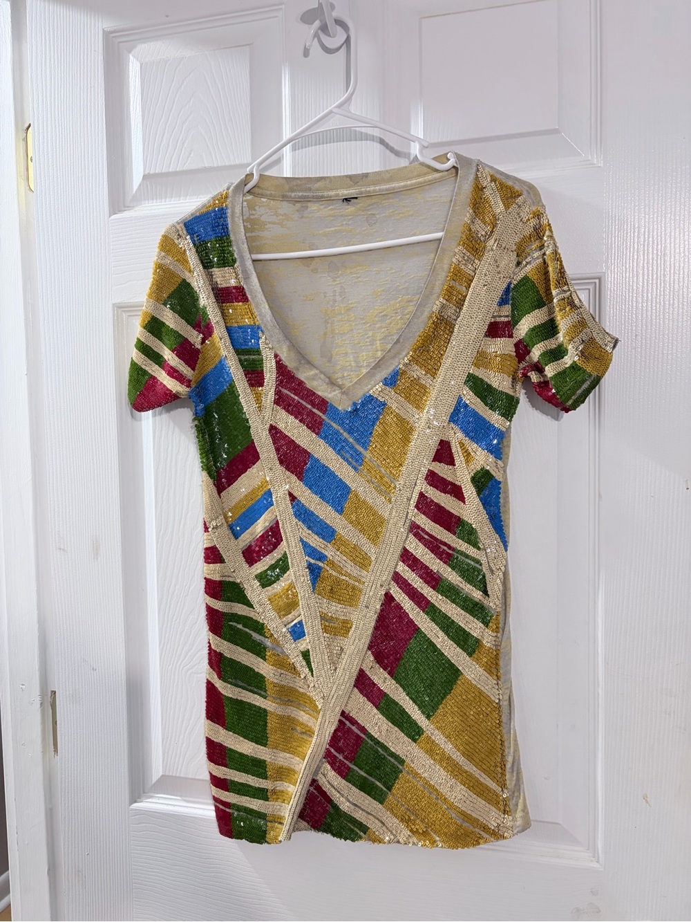 Multicolor Sequin Geometric Tunic Mini Dress V Neck Boho Statement Top